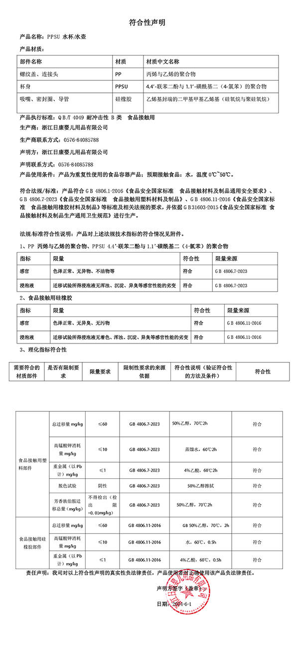 PPSU水杯水壺符合性聲明2024