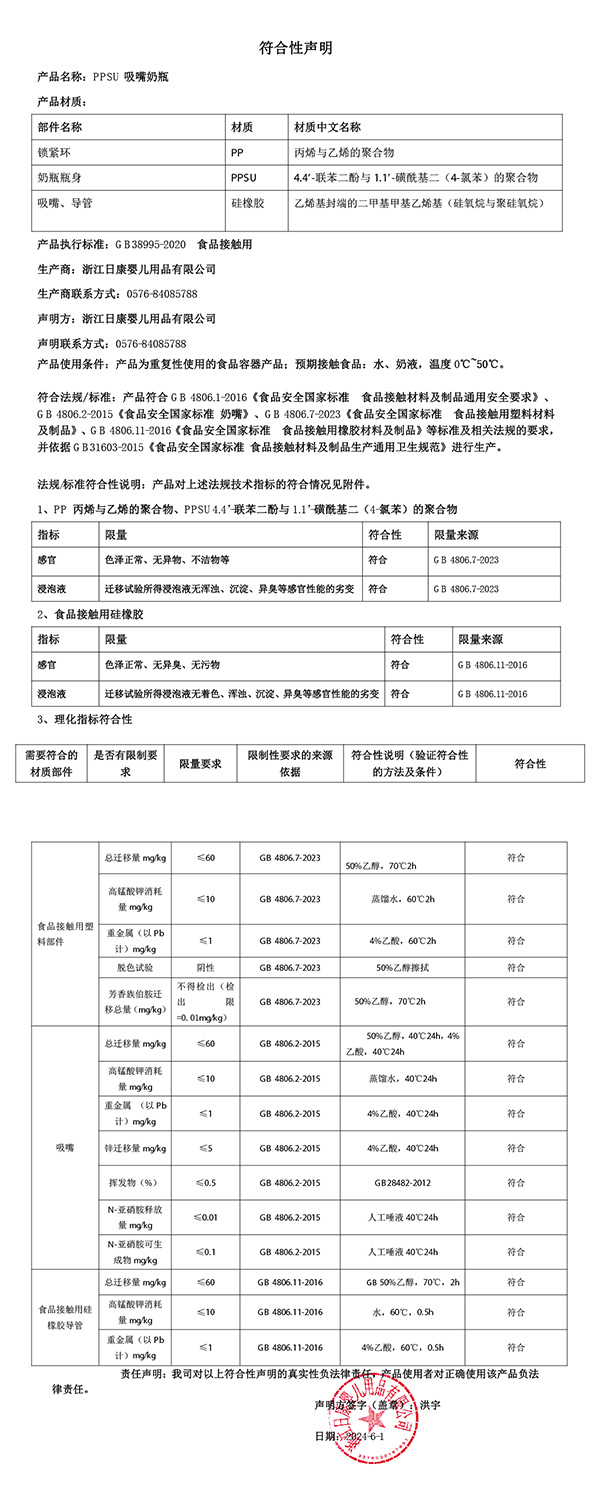 ppsu吸嘴奶瓶符合性聲明2024