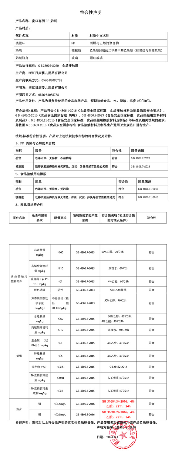 玻璃奶瓶符合性聲明2024