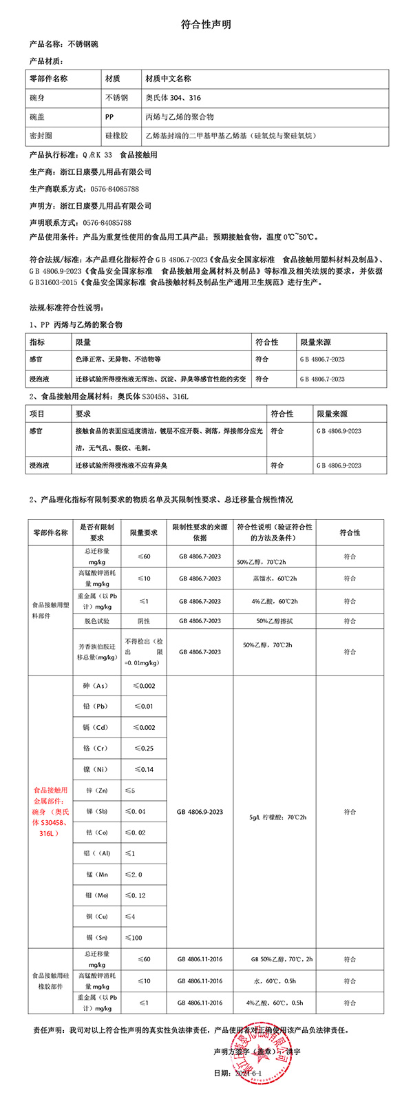 不銹鋼碗符合性聲明2024