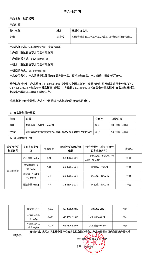 硅膠奶嘴符合性聲明2024